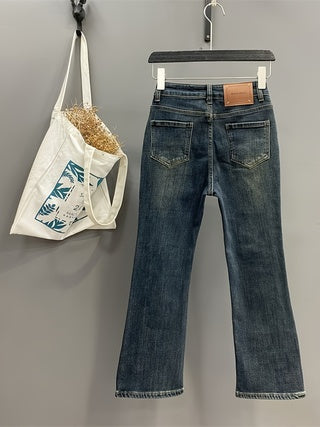 Retro Blue Flared Women's Spring And Autumn High Waist Loose Slim Pear-shaped Trousers