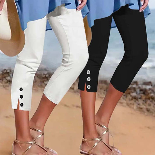 Mid-waist Elastic Solid Color Cropped Pants Tight Button Casual Pants For Women